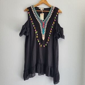 Black Cold Shoulder Colorful Crochet Detail Beach By Exist Cover Tunic.